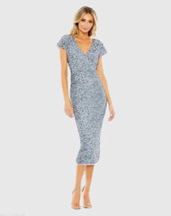 Blue Sequined Cap Sleeve Wrap Over Cocktail Dress