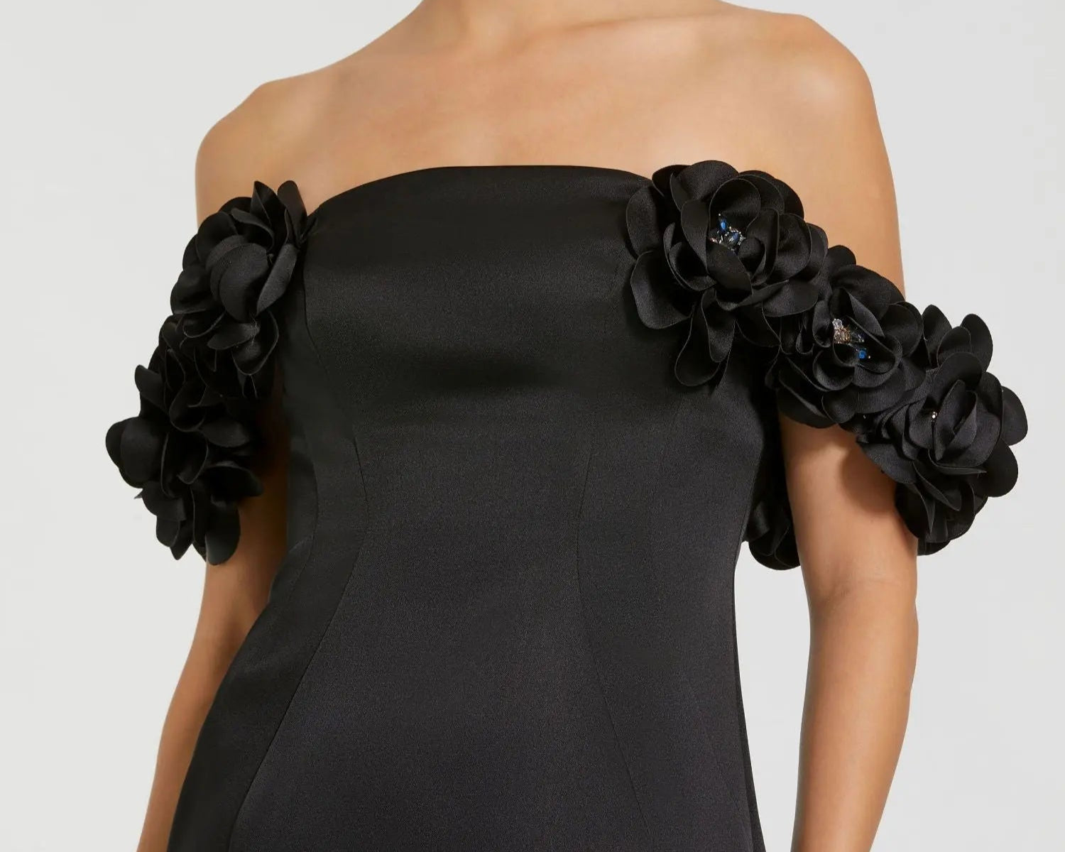 Black Satin 3D Flower Off The Shoulder Mermaid Gown