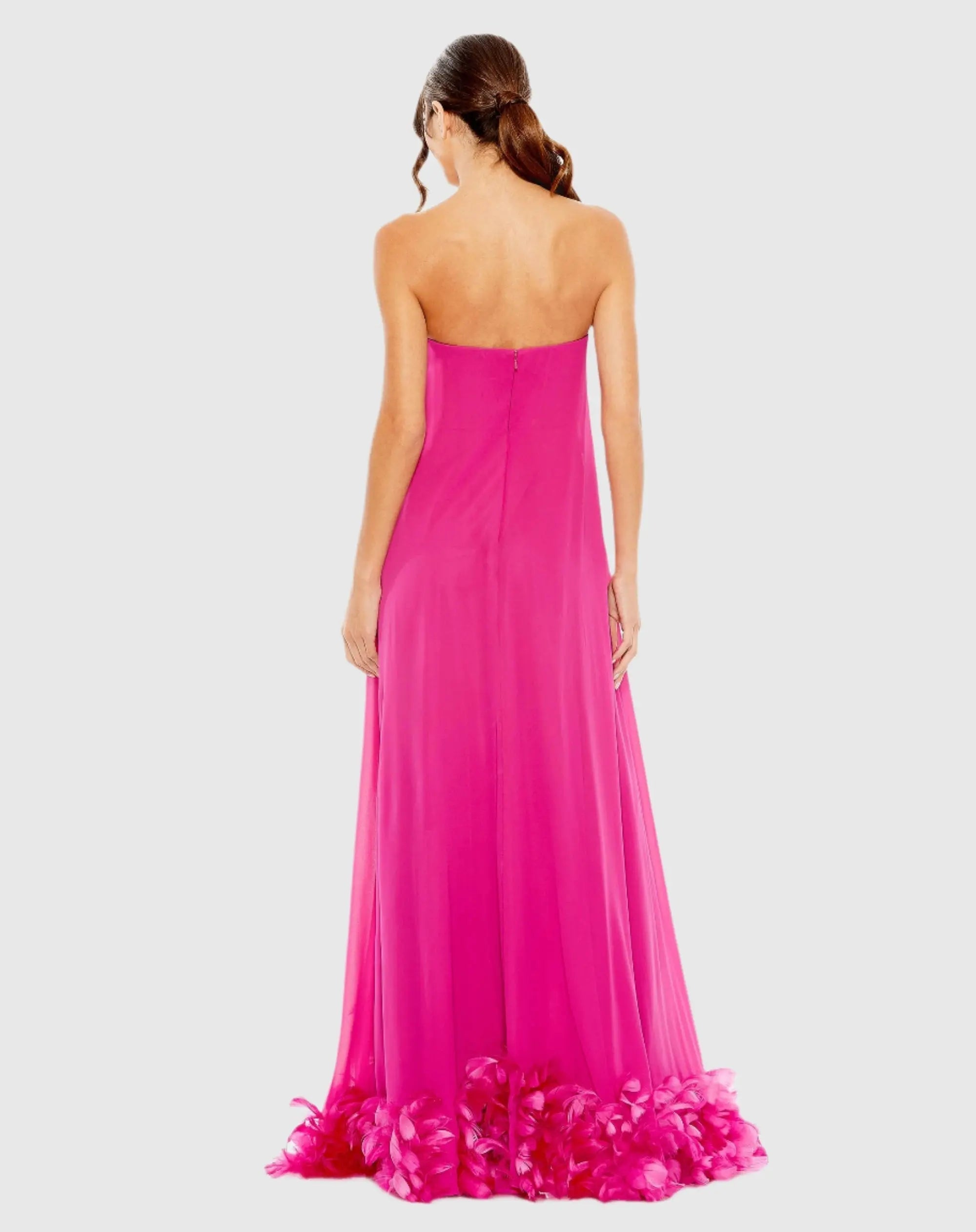 Pink Strapless Flare Feather Hem Gown
