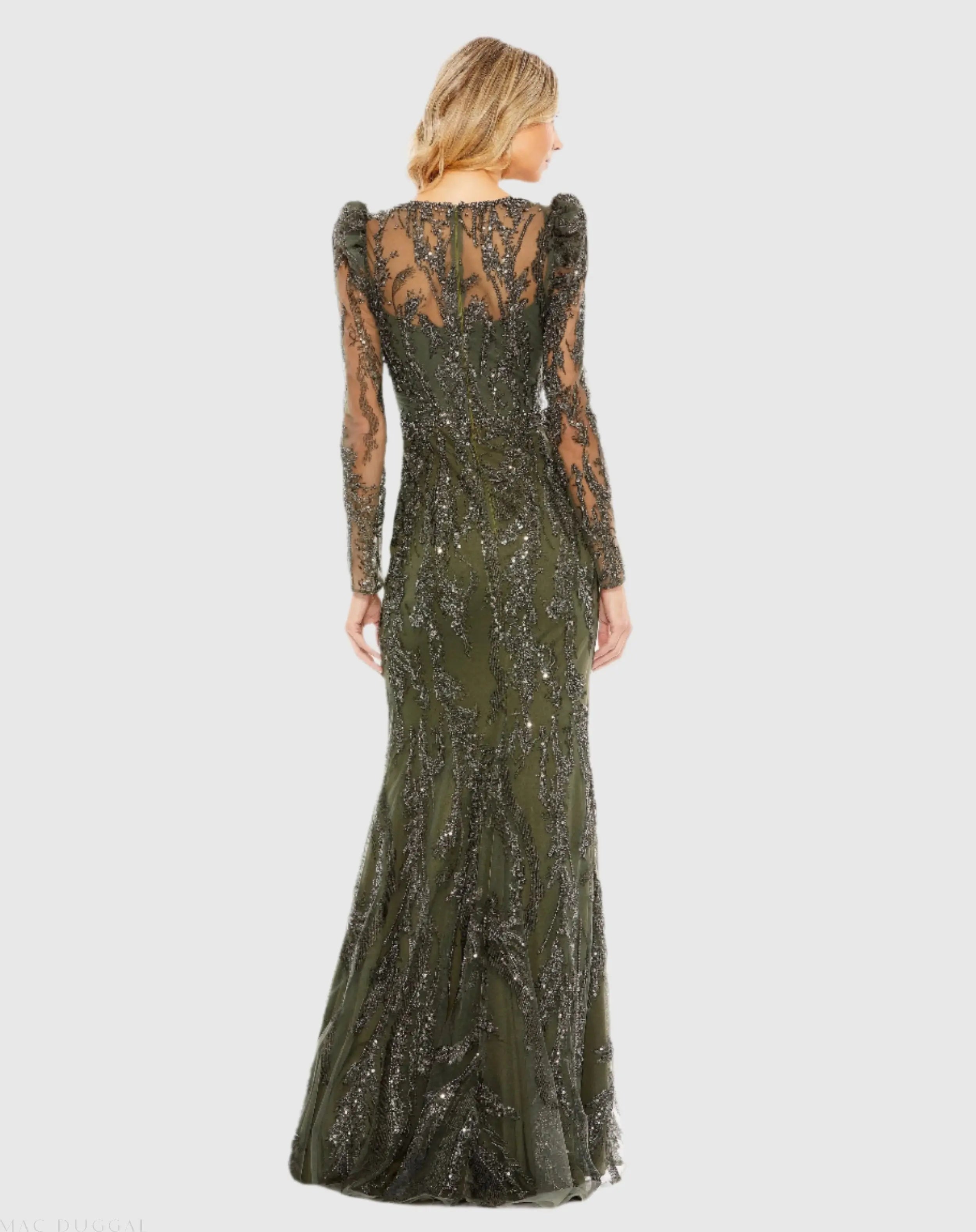 Green Embellished Puff Sleeve V Neck Gown
