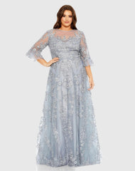 Blue High Neck Flutter Sleeve Embroidered A Line Gown (Plus)