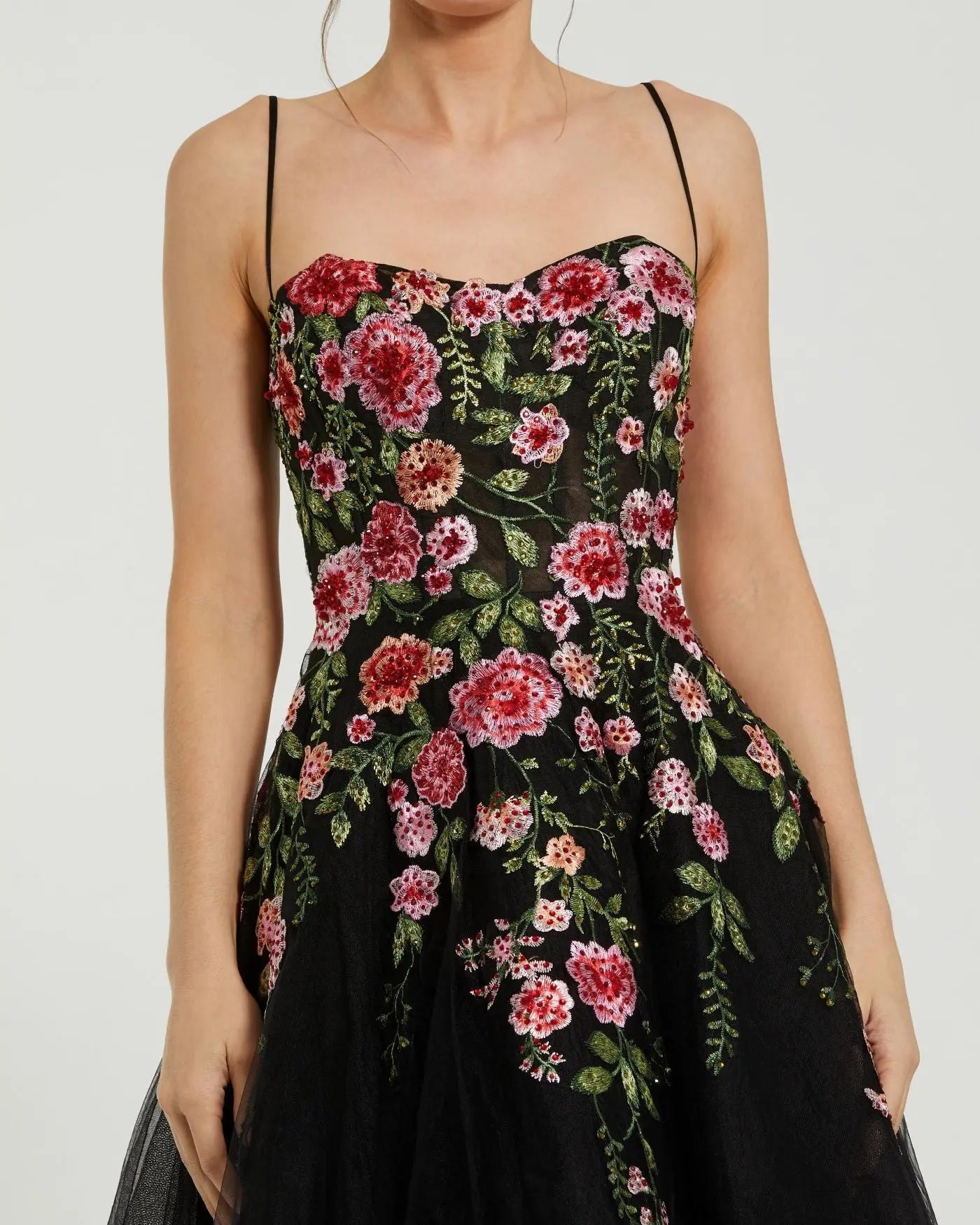 Black Multicolor Bustier Embroidered Floral A-Line Dress