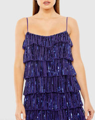Blue Beaded Strap Sequin Ruffle Mini Dress