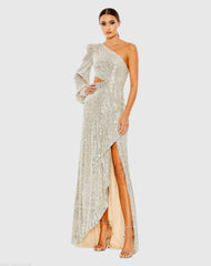 Silver Sequined One Shoulder Cut Out Gown