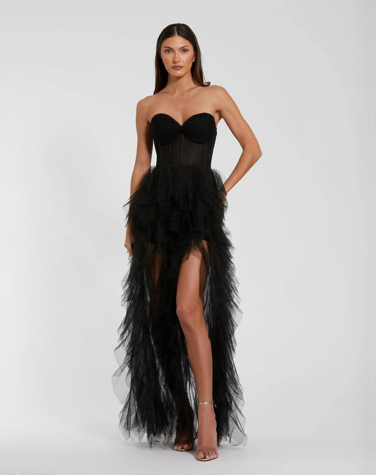 Black Strapless Bustier Net Gown With Spiral Ruffles