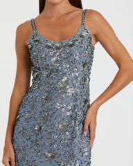 Blue Floral Embellished Scoop Neck Evening Gown