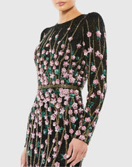 Black Embellished High Neck Long Sleeve Gown