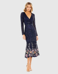 Navy Long Sleeve Faux Wrap Embellished Tea Length Dress