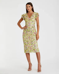Beige Floral Embellished Flutter Cap Sleeve Dress