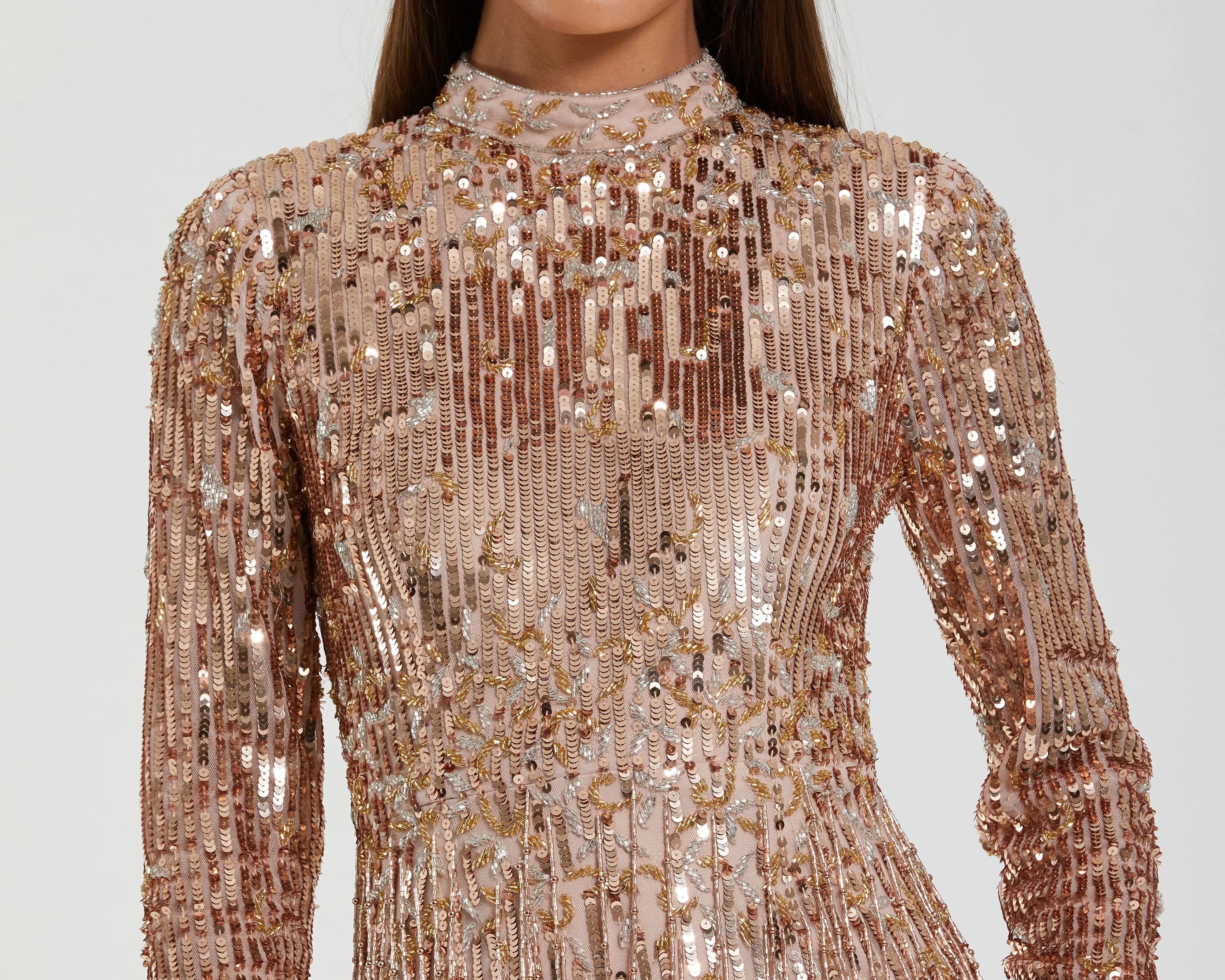Pink Mock Neck Long Sleeve Fringe Embellished Column Gown