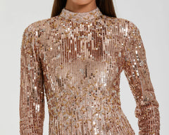 Pink Mock Neck Long Sleeve Fringe Embellished Column Gown