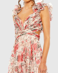 Pink Ruffle Tiered Floral Cut-Out Chiffon Gown