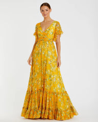 Multicolor Flounce Sleeve Floral Maxi Dress