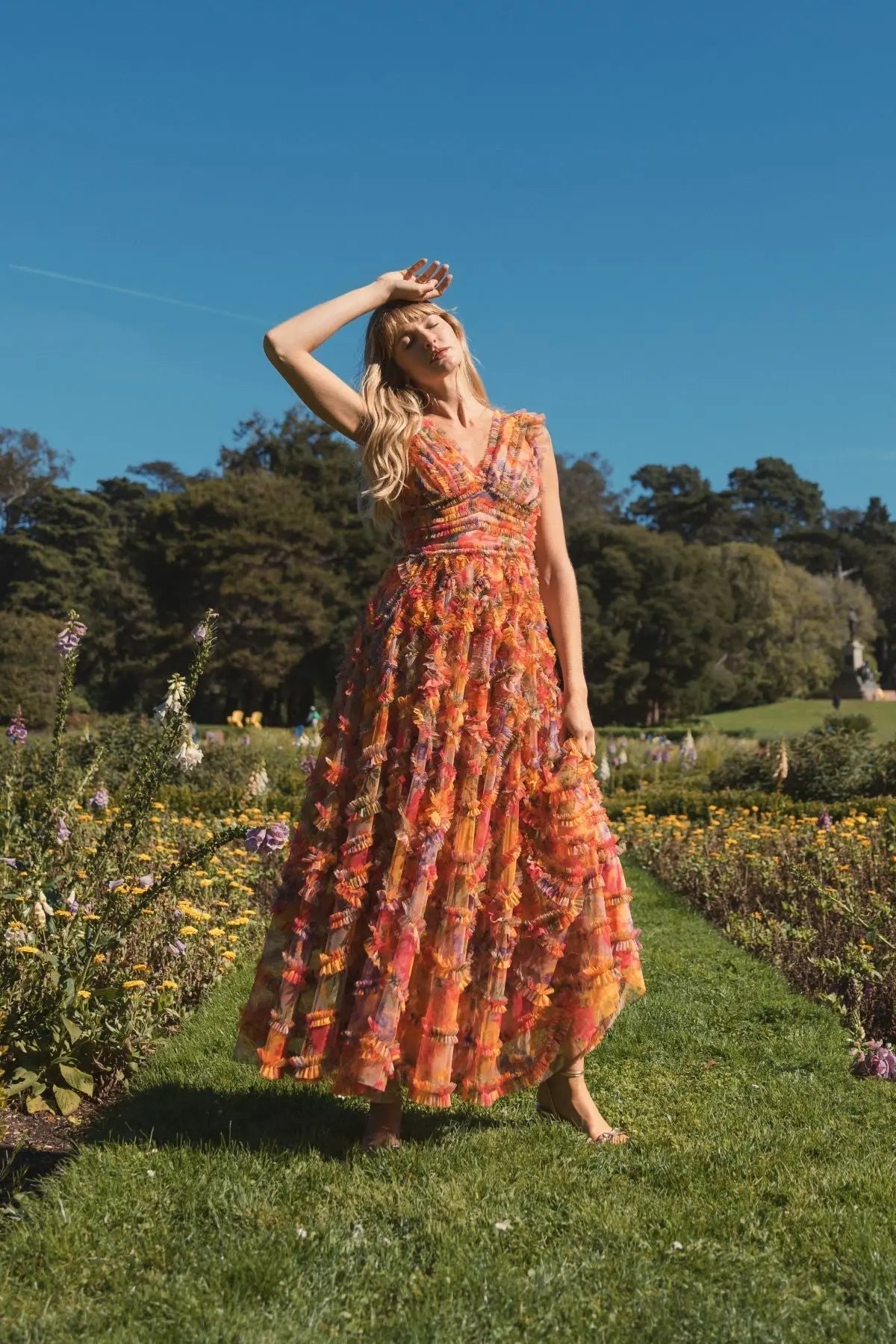 Multicolor Floral V-neck Ruffle Maxi Dress