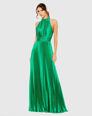 Green Pleated High Neck Satin Sleeveless Halter Gown