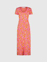 Pink Short Sleeve Scoop Neck Floral Knit Maxi Dress